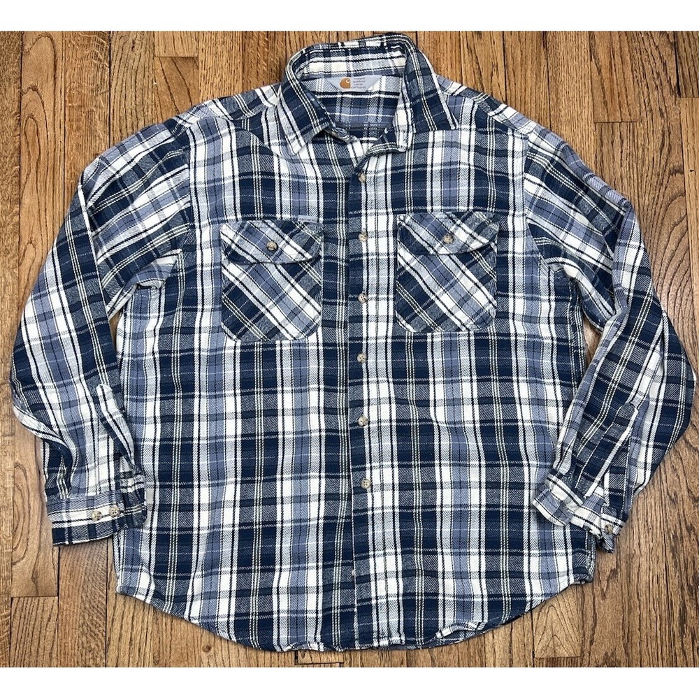 Vintage Carhartt Plaid Blue Outdoor Western Rugged Wear Shirt Men's USA Sz XL